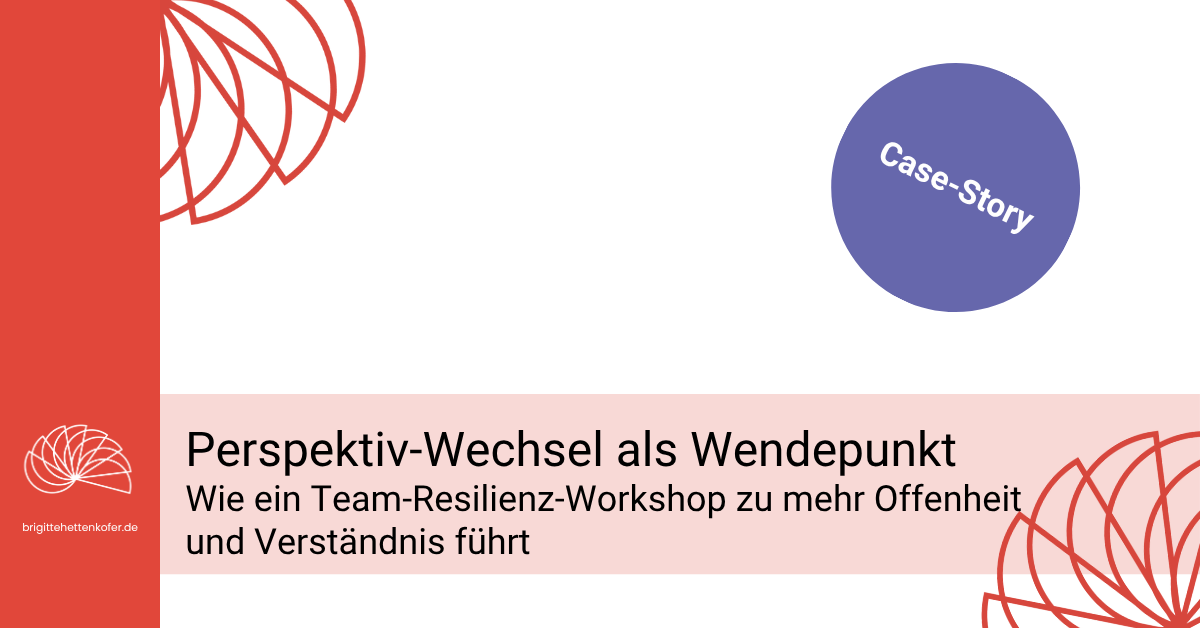 Links ein senkrechter, breiter roter Balken mit einem Symbol und: brigittehettenkofer.de ein lila Kreis mit der Beschriftung: Case-Story hell-roter horizontaler Balken mit dem Schriftzug: Perspektiv-Wechsel als Wendepunkt, Wie ein Team-Resilienz-Workshop zu mehr Offenheit und Verständnis führt.