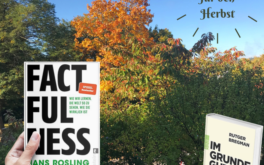 Blauer Himmel, Herbstbäume, zwei Bücher mit dem Titel "Factfulness" und "Im Grunde gut". Text: lesetipps für den Herbst.