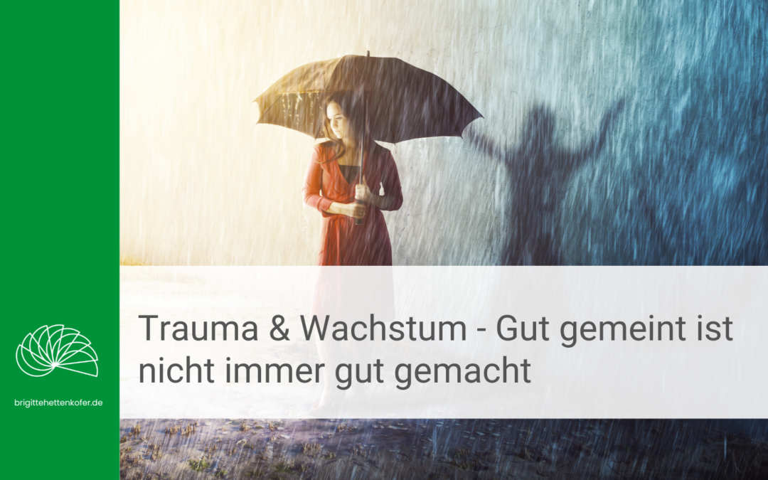 Eine Person in einem roten Kleid unter einem Schirm im Regen. Im Hintergrund ein Jubelender Schatten. Ein grüner Balken links und das Neuroresilienz Logo in Weiß. Text: Trauma & Wachstum: Gut gemeint ist nicht immer gut gemacht