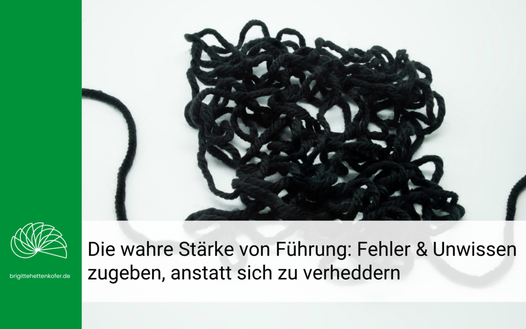 Ein schwarzes Wollknäuel liegt wirr und verknotet auf einem weißen Hintergrund. Links im Bild befindet sich ein grüner Balken mit Logo und Website brigittehettenkofer.de. Im unteren Bereich steht der Text: „Die wahre Stärke von Führung: Fehler & Unwissen zugeben, anstatt sich zu verheddern“.