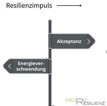 Ein schwarzer Wegweiser weist in zwei entgegengesetzte Richtungen: Akzeptanz und Energieverschwendung. Text: resilienzimpuls. Rechts unten das Firmenlogo Neuroresilienz.